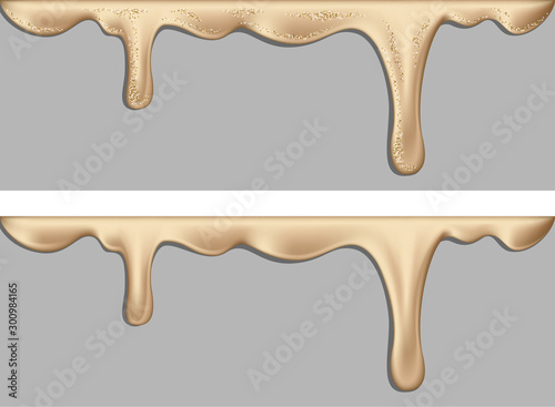 Liquid or flowing gold paint. Dripping liquid. Paint flows. Current paint, stains. Current drops. Current inks. Vector illustration.