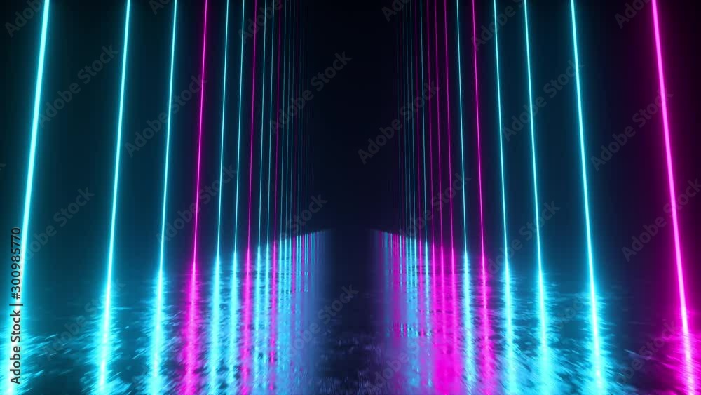 Endless corridor with neon lines tending up. Metal reflective scratched floor. Seamless loop 3d render. Modern colorful neon light spectrum