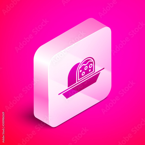 Isometric Marzipan sponge cake icon isolated on pink background. Merry Christmas and Happy New Year. Silver square button. Vector Illustration
