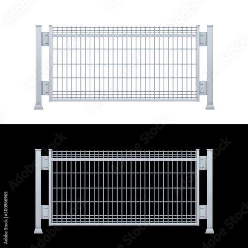 Realistic vector galvanized sheet metal fence panel. Rectangular steel mesh V type.