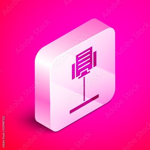 Isometric Music stand icon isolated on pink background. Musical equipment. Silver square button. Vector Illustration