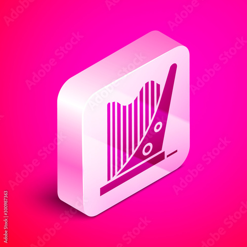 Isometric Harp icon isolated on pink background. Classical music instrument, orhestra string acoustic element. Silver square button. Vector Illustration