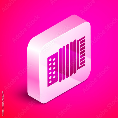 Isometric Musical instrument accordion icon isolated on pink background. Classical bayan, harmonic. Silver square button. Vector Illustration
