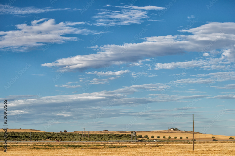 A dry field in summer with sky covered with clouds in Torrijos, province of Toledo.. Spain