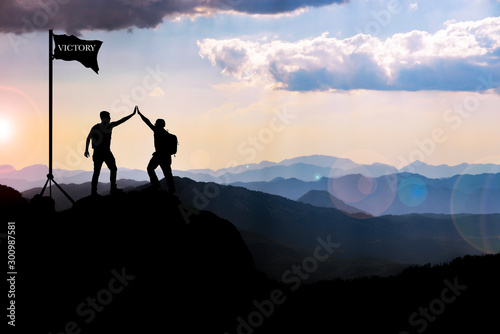 brave climbing of two friends, moments of celebration of their achievements and victories