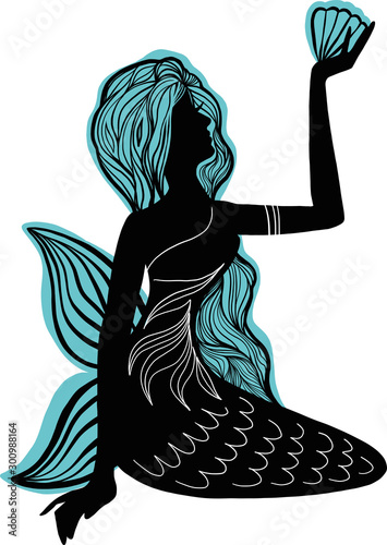 Logotype silhouette mermaid sitting with the seashell . Isolated figure of girl from fairytale.