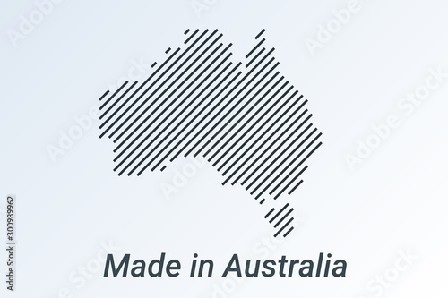 Made in Australia, striped map in a black strip on a silver background
