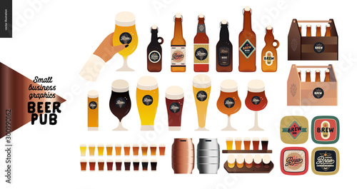 Brewery, craft beer pub -small business graphics - beer -modern flat vector concept illustrations -draught beer cask, beer mats, wooden package, glasses, bottles
