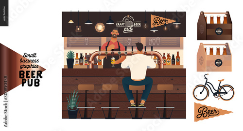 Brewery, craft beer pub -small business graphics -at the bar counter-modern flat vector concept illustrations -young man, sitting on the bar stool at the counter, bartender pouring beer. Bar elements