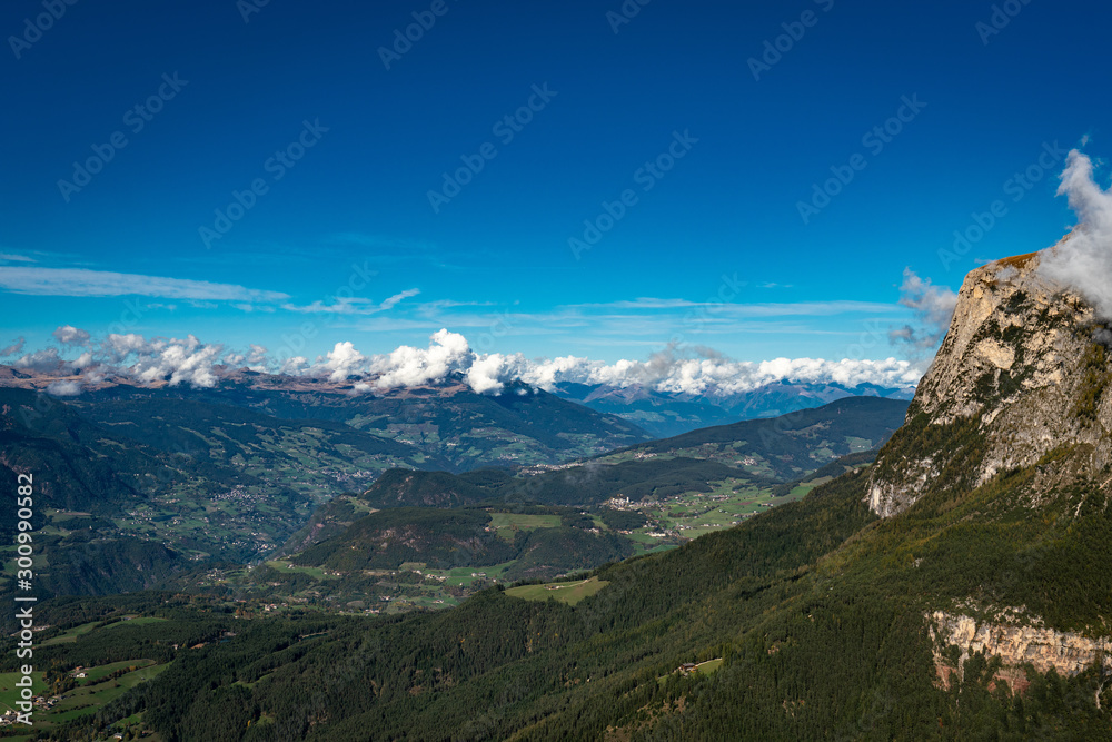 View from the Voelsegg mountain north along the Eisacktal valley overlooking Seis and Kastelruth