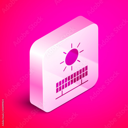 Isometric Solar energy panel and sun icon isolated on pink background. Silver square button. Vector Illustration