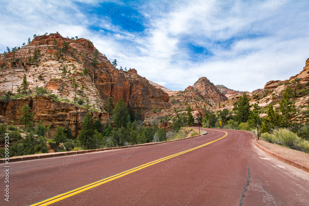 Road through the Zion National Park. Landscape of rock hills and trees. Utah, USA Road through the Zion National Park. Landscape of rock hills and trees. Utah, USA