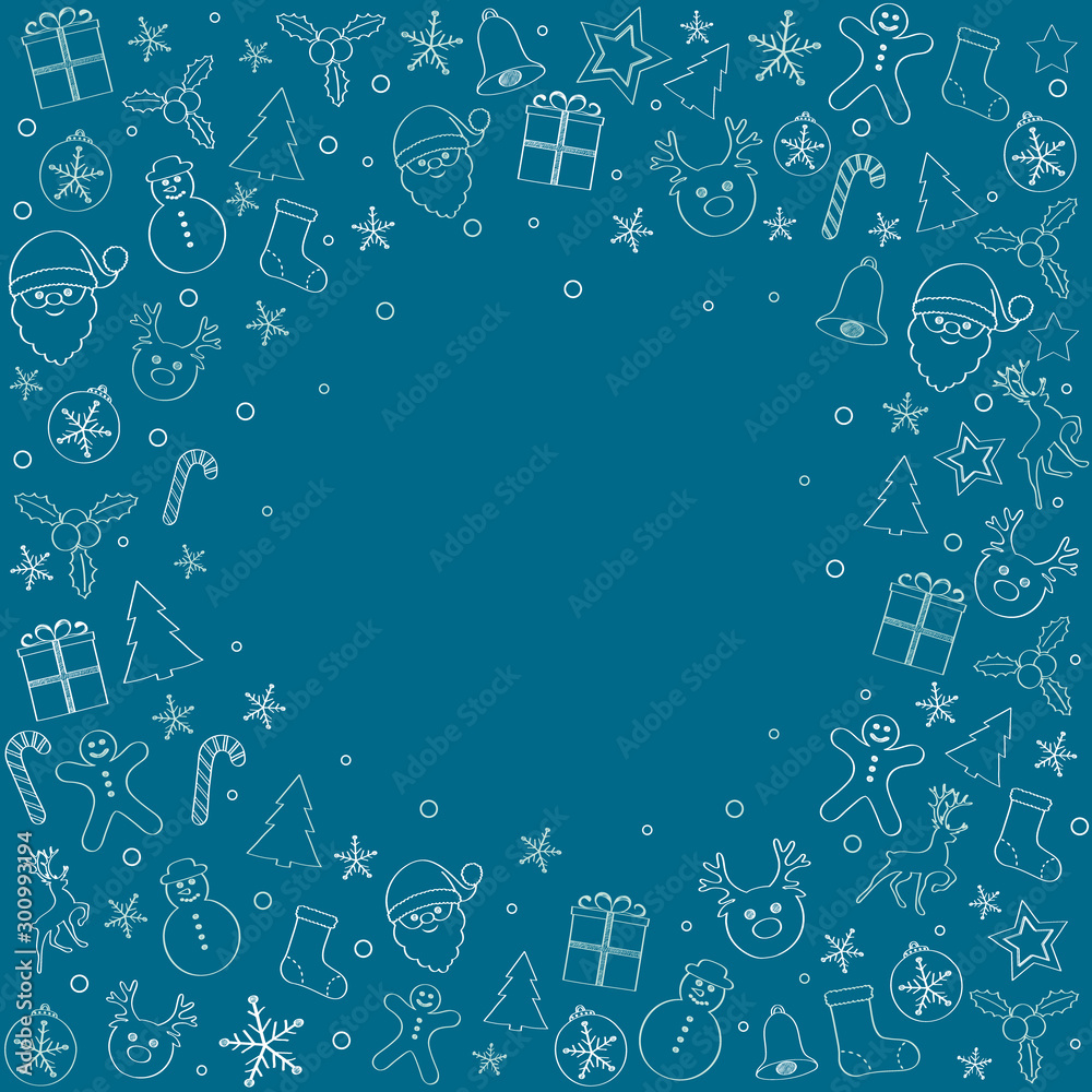 Design of Christmas card layout with wishes and ornaments. Vector.