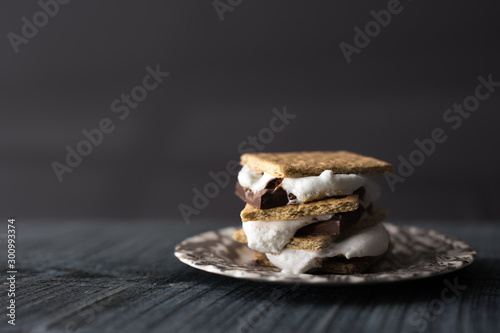 Side view of a S'more treat made with dark chocolate, marshmallows and graham crackers. 
