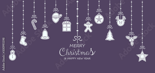 Merry Christmas and Happy New Year - card with hand drawn decorations. Vector.