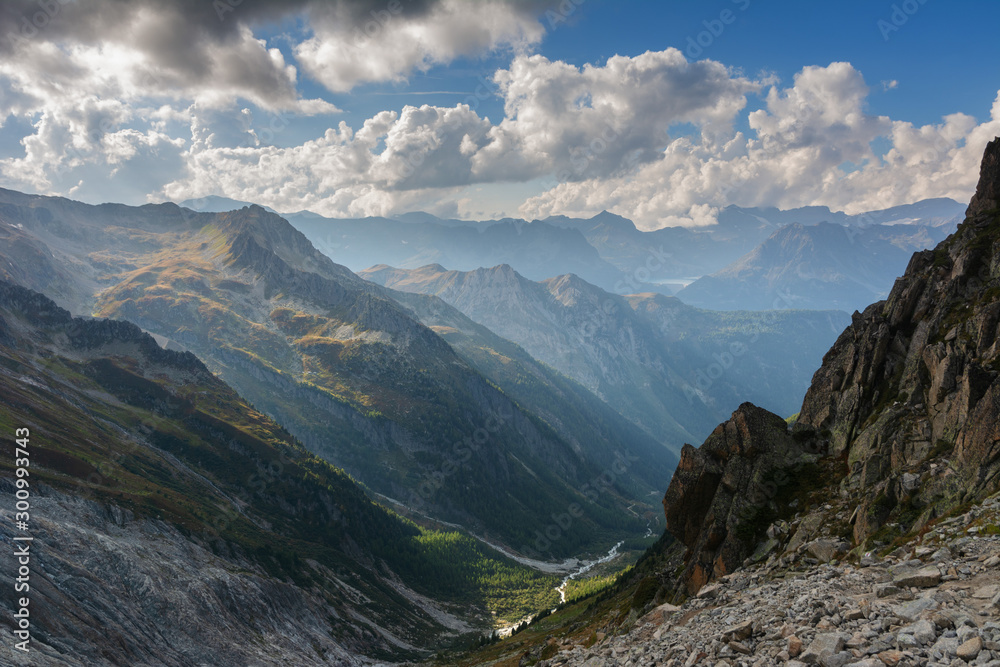 Wonderful views of the mountains in the Swiss Alps with backpackers.	