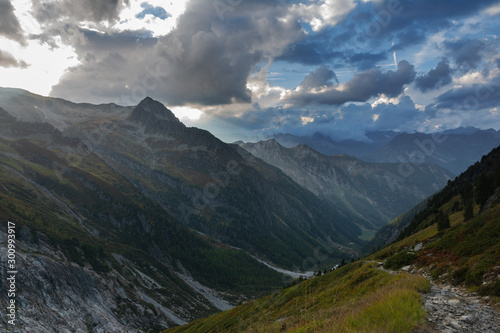 Wonderful views of the mountains in the Swiss Alps with backpackers. 