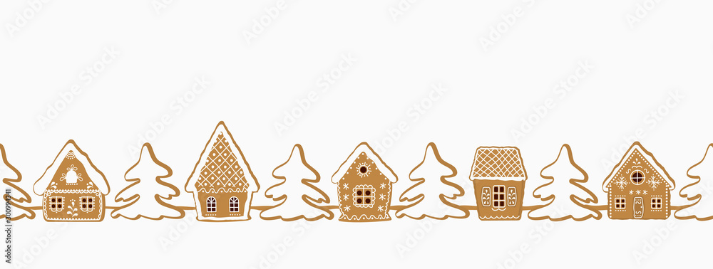 Gingerbread village. Christmas background. Seamless border. There are ...