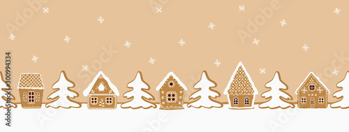 Gingerbread village. Christmas background. Seamless border. There are gingerbread houses and fir trees on a caramel background. Greeting card template. Vector illustration