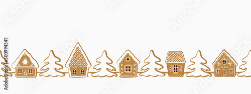 Gingerbread village. Christmas background. Seamless border. There are gingerbread houses and fir trees on a white background. Greeting card template. Vector illustration