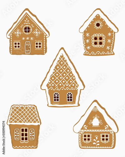 Set of gingerbread houses. Christmas cookies. Vector illustration