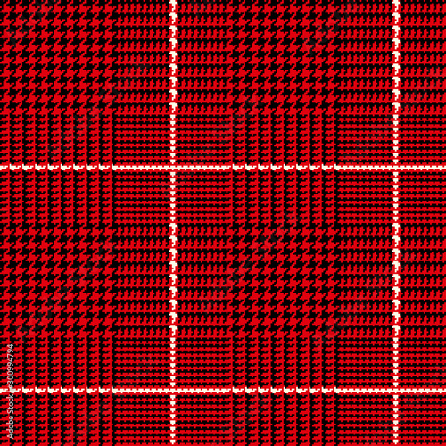 Red Black Glen Plaid Seamless Vector Pattern with White Overcheck Stripe. Christmas Background. 9x9 Houndstooth Prince of Wales Check. Classic Scottish Fabric. Pixel Pattern Tile Swatch Included.