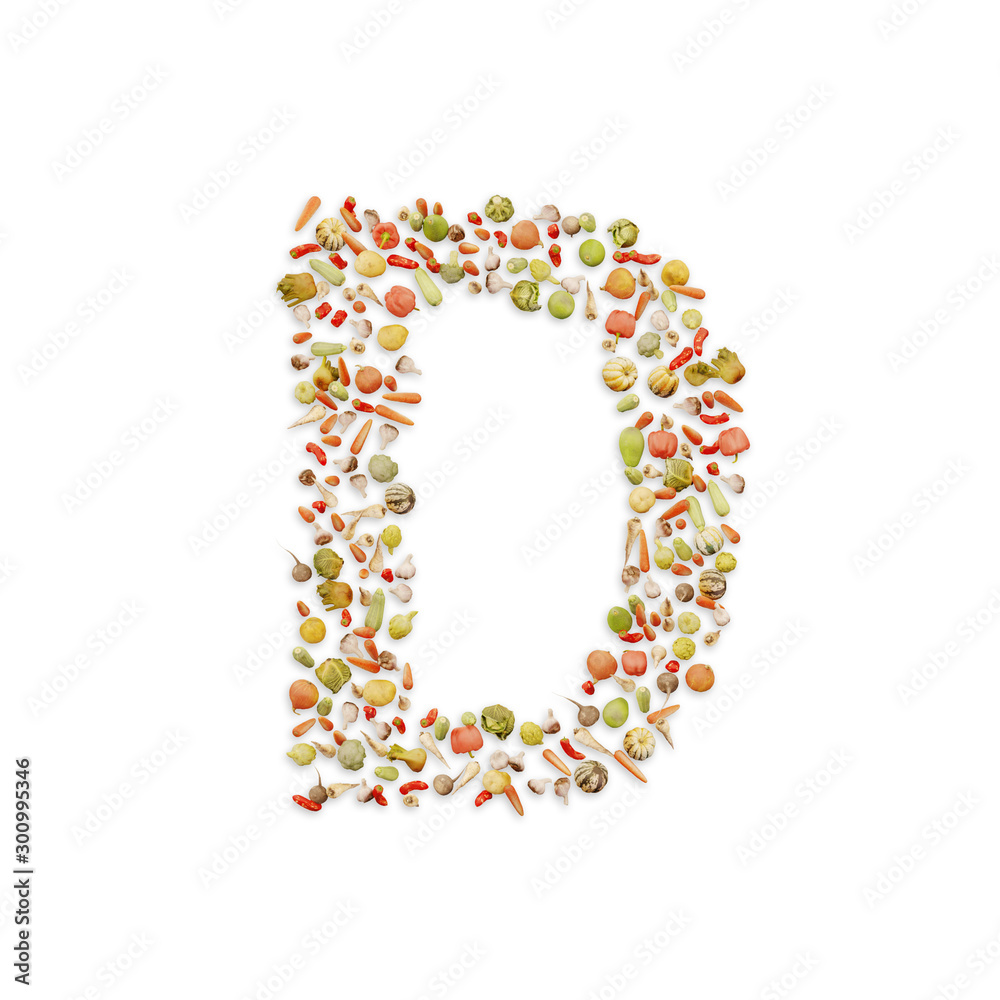 Vegetarian ABC. Vegetables on white background	forming letter D