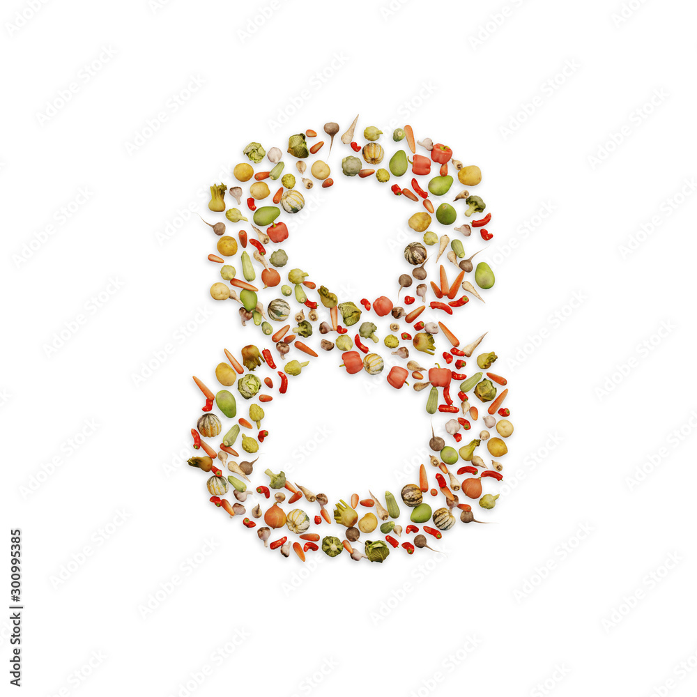 Vegetarian ABC. Vegetables on white background	forming number 8