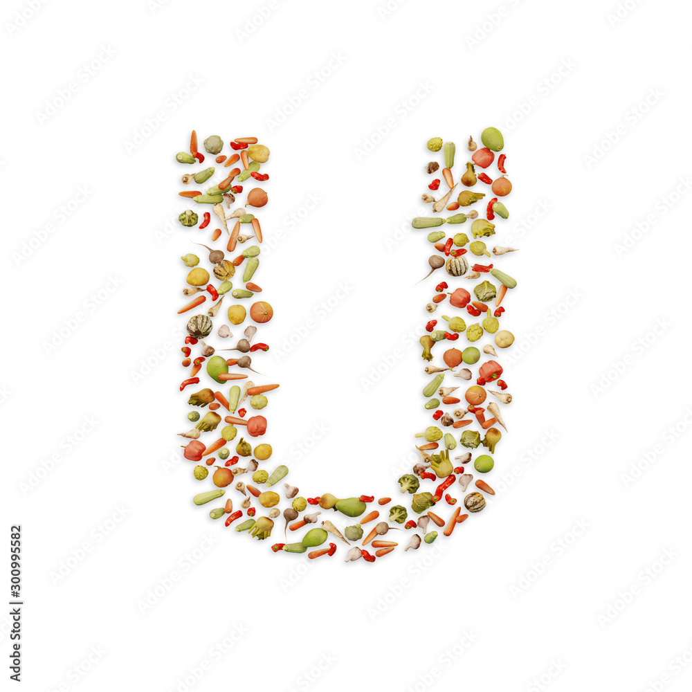 Vegetarian ABC. Vegetables on white background forming letter U Vegetarian ABC. Vegetables on white background forming letter U