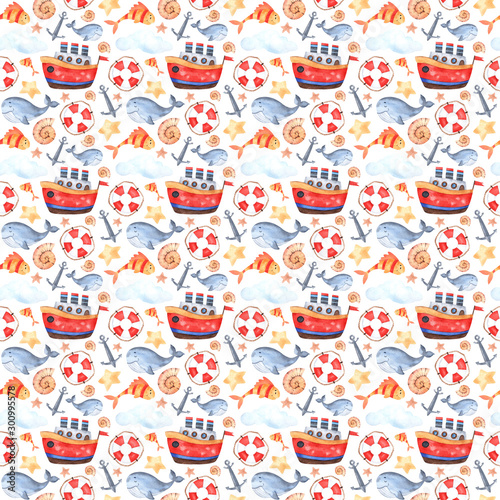 Seamless pattern of watercolor elements on the marine theme with ships, whales, lifebuoy, striped fish, shells and stars. Perfect for forming postcards, textiles, paper, printing, wallpaper and any de