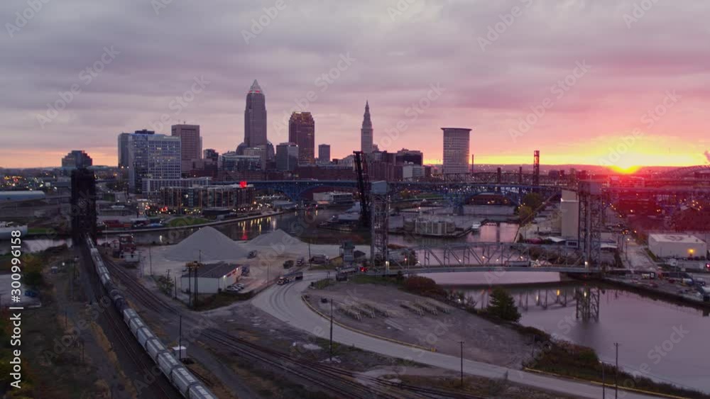 Cleveland Ohio Aerial v39 Panning around Ohio city industrial cityscape at sunrise - October 2017