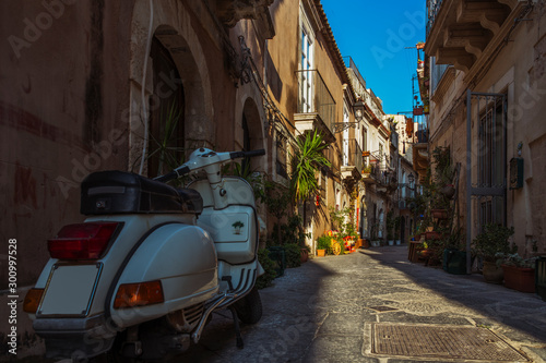 Narrow street of the island Ortygia island in Siracusa in Sicily, south Italy