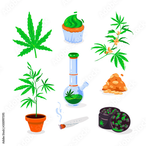 Icons Set of hemp. Cannabis seeds and plant.