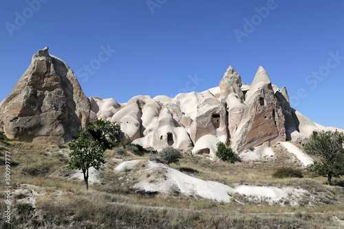 Unusually shaped volcanic cliffs in the Pigeon Valley in the Cappadocia region of Turkey.