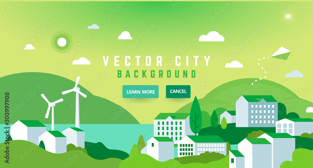 Eco City landscape with buildings, hills and trees. Stock Vector ...