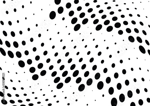 Abstract halftone wave dotted background. Futuristic twisted grunge pattern, dot, circles. Vector modern optical pop art texture for posters, business cards, cover, labels mock-up, stickers layout