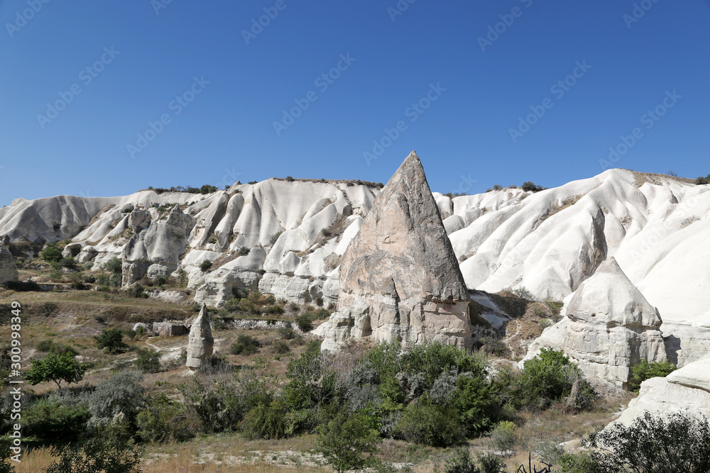 Unusually shaped volcanic cliffs in the Kaisadera Valley in the Cappadocia region of Turkey.