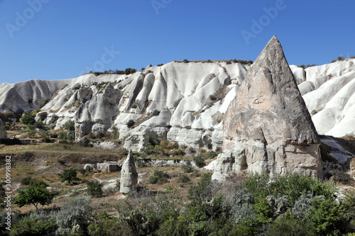 Unusually shaped volcanic cliffs in the Kaisadera Valley in the Cappadocia region of Turkey.