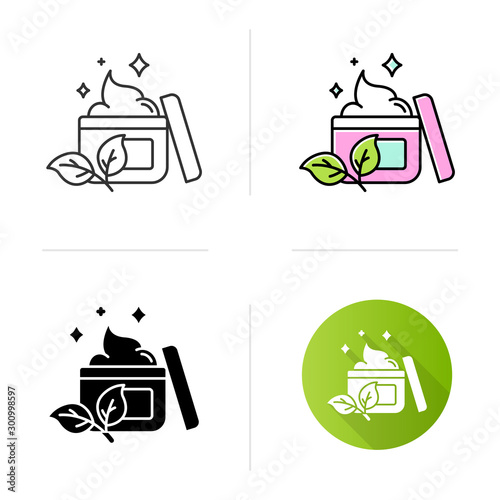 Natural face cream jar icon. Skincare product. Chemical free. Facial moisturizing lotion. Skin treatment. Organic cosmetics. Flat design, linear and color styles. Isolated vector illustrations
