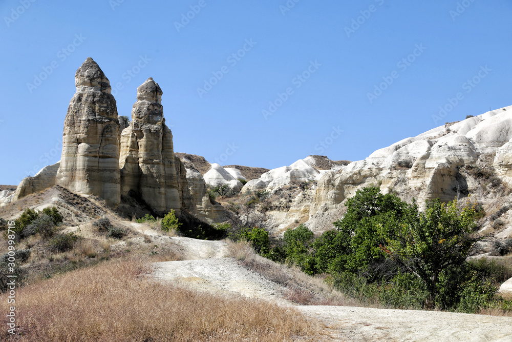 Unusually shaped volcanic cliffs in the White Valley in the Cappadocia region of Turkey.