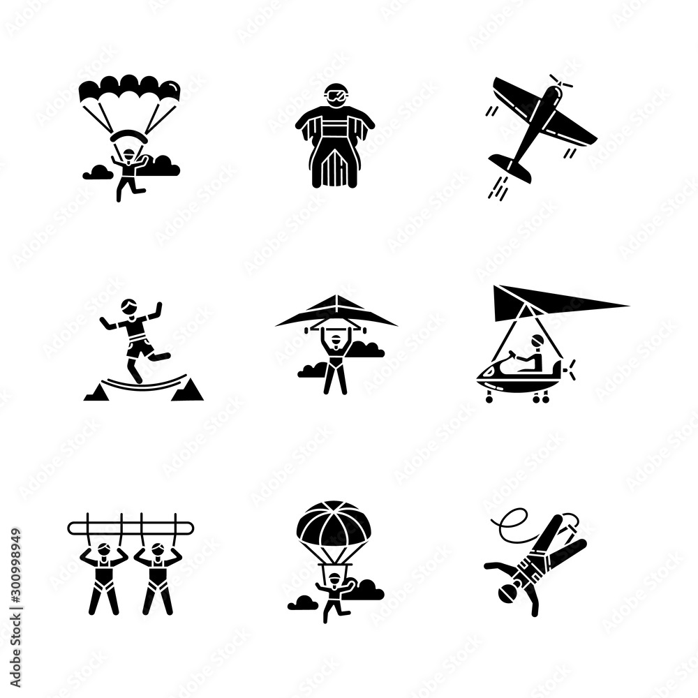 Air extreme sport glyph icons set. Skydiving, parachuting, hang gliding, wingsuiting. Aerobatics, highlining, paragliding. Giant swing, bungee jumping. Silhouette symbols. Vector isolated illustration