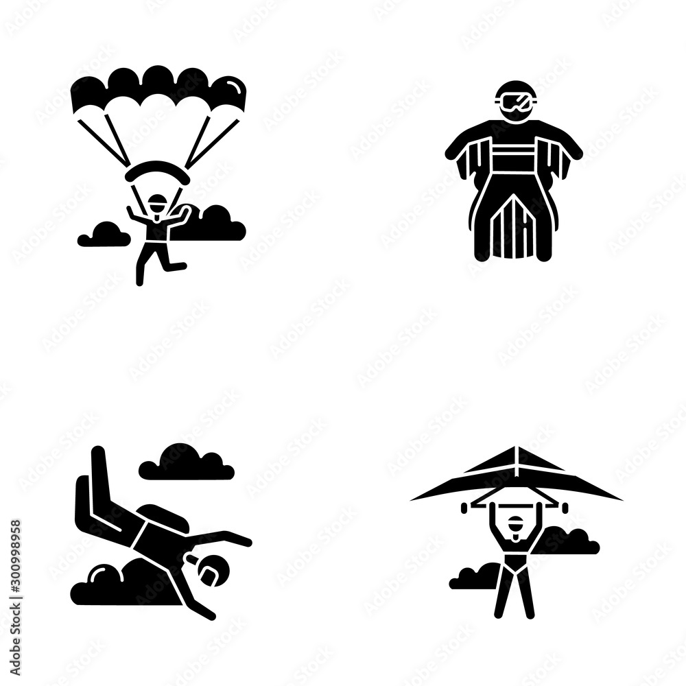 Obraz premium Air extreme sport glyph icons set. Hang gliding, skydiving, wing suiting and paragliding. Outdoor activities. Adrenaline entertainment and risky recreation. Silhouette vector isolated illustration
