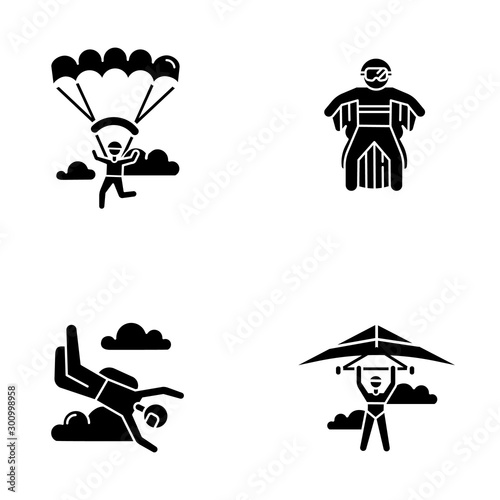 Air extreme sport glyph icons set. Hang gliding, skydiving, wing suiting and paragliding. Outdoor activities. Adrenaline entertainment and risky recreation. Silhouette vector isolated illustration