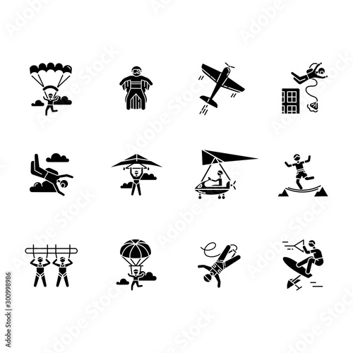 Air extreme sport glyph icons set. Skydiving  parachuting  wingsuiting. Outdoor activities. Paragliding  aerobatics and bungee jumping. Adrenaline entertainment. Vector isolated illustration