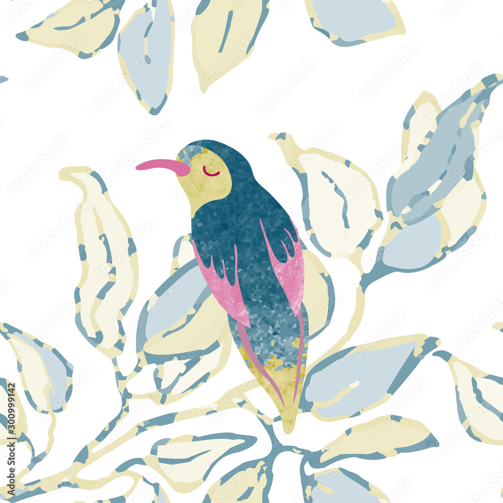 Fototapeta premium Vector seamless background with colorful watercolor illustration of leaves and birds. Can be used for wallpaper, pattern fills, web page, surface textures, textile print, wrapping paper