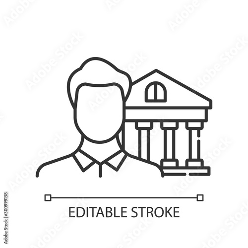 Credit manager linear icon. Professional businessman. Customer service male worker. Economy, finance industry. Thin line illustration. Contour symbol. Vector isolated outline drawing. Editable stroke