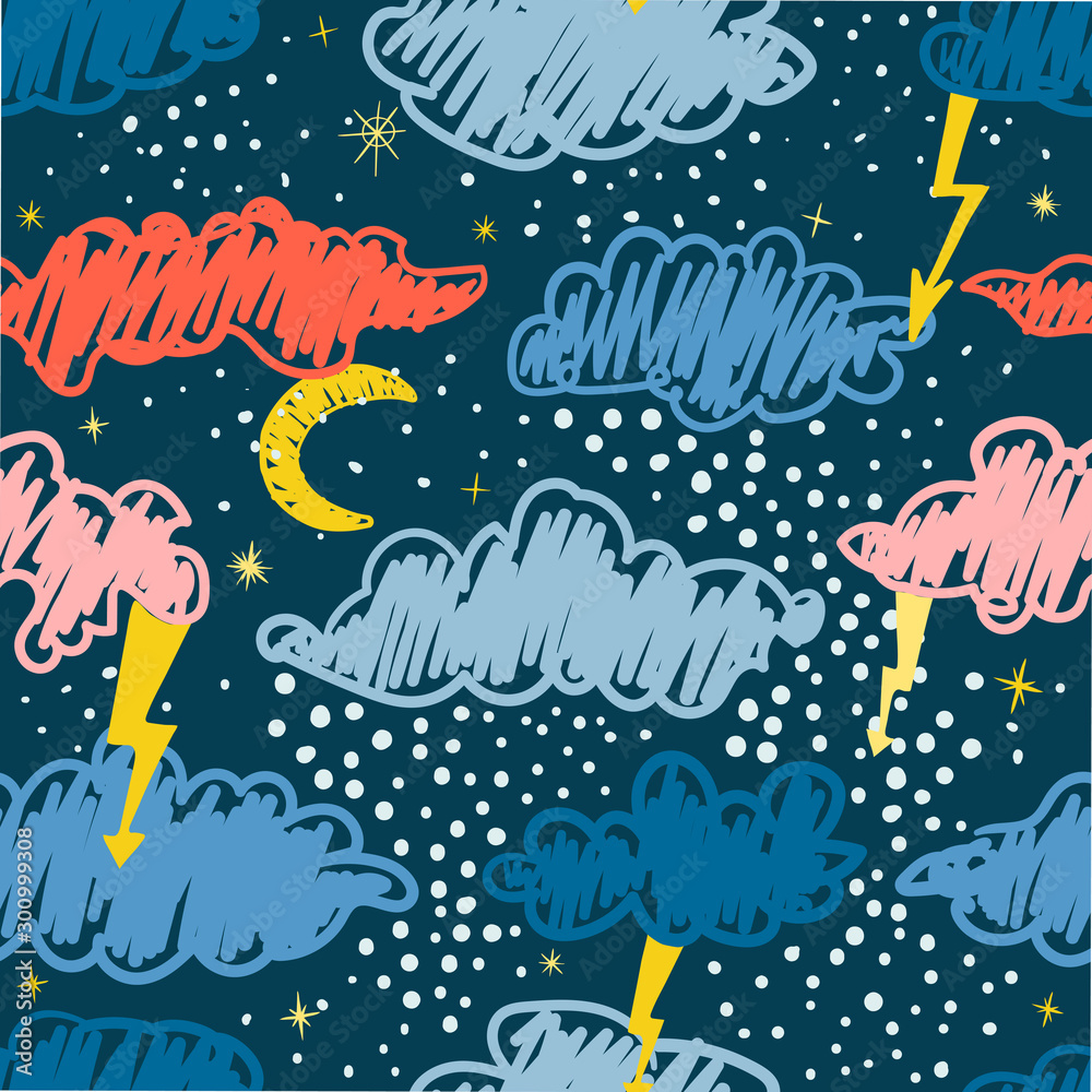 Vector modern seamless pattern with colorful hand draw llustrations of night sky. Can be used for wallpaper, pattern fills, web page, surface textures, textile print, wrapping paper, presentation