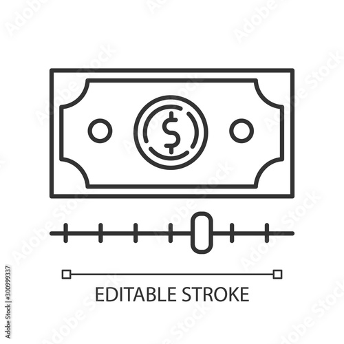Cash advance linear icon. Increasing budget graph report. Budget growing. Investment with percentage gain. Thin line illustration. Contour symbol. Vector isolated outline drawing. Editable stroke