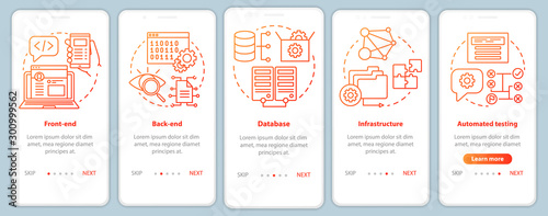 Front-end, back-end development onboarding mobile app page screen vector template. App programming. Walkthrough website steps with linear illustrations. UX, UI, GUI smartphone interface concept