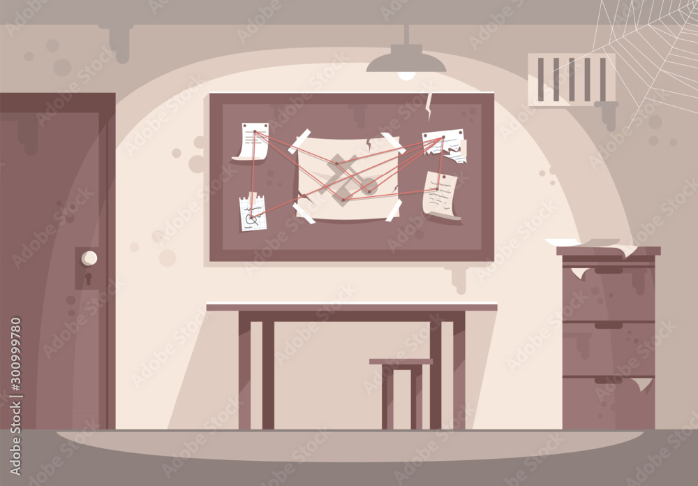 Empty police cabinet flat vector illustration. Escape room interior. Detective workplace, crime investigation, solving mysteries. Quest room. Modern entertainment, investigation game Empty police cabinet flat vector illustration. Escape room interior. Detective workplace, crime investigation, solving mysteries. Quest room. Modern entertainment, investigation game